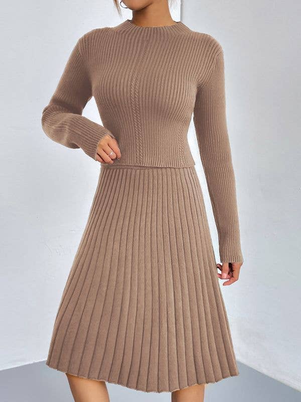 HIDDENBRAND - Wholesale Top & Skirt Set - Women's - Knitted Sweater Pleated Skirt Two-Piece Set4