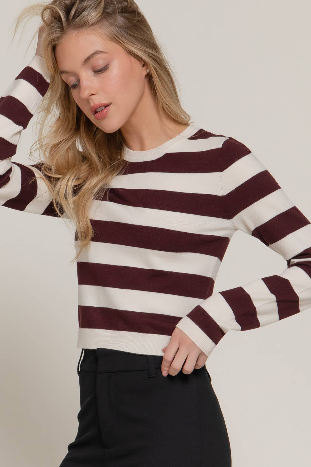 Active Basic | Active USA - Wholesale Knit Sweater - Women's - Long Sleevv Crew Neck Stripe Fitted Sweater18