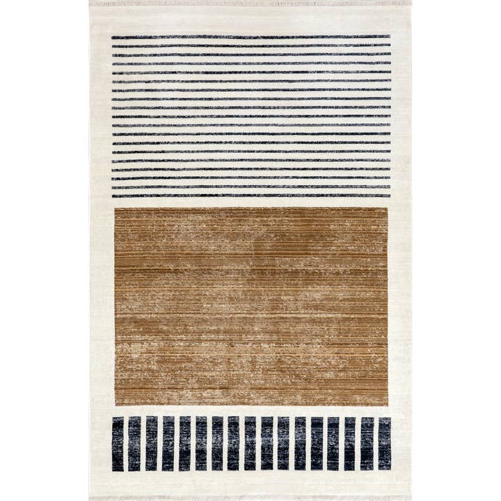 Beige Keeva Modern Striped Fringe Area Rug for wholesale on Faire