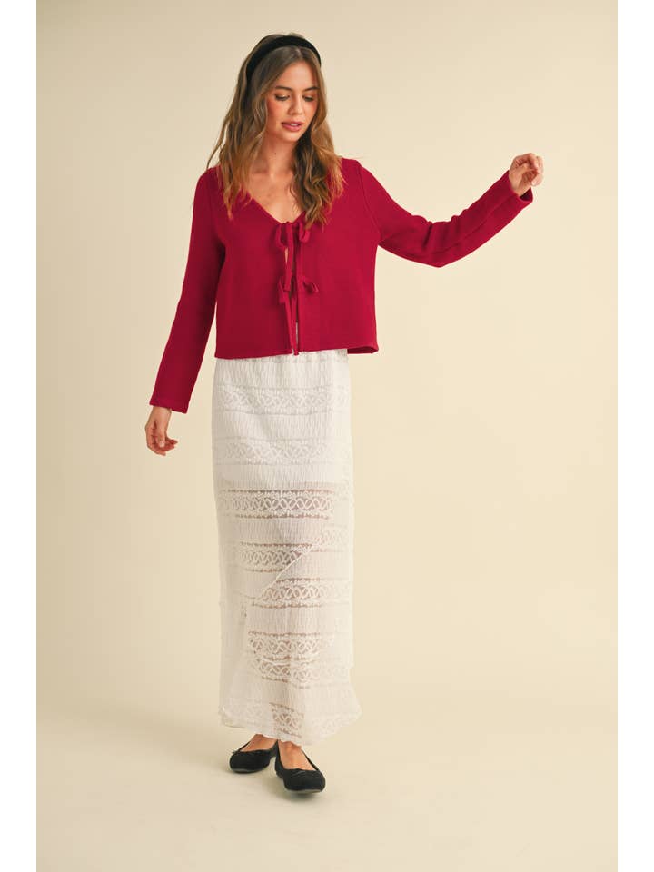 Red J4721 LONG SLEEVE KNITTED TIE FRONT CARDIGAN for wholesale on Faire