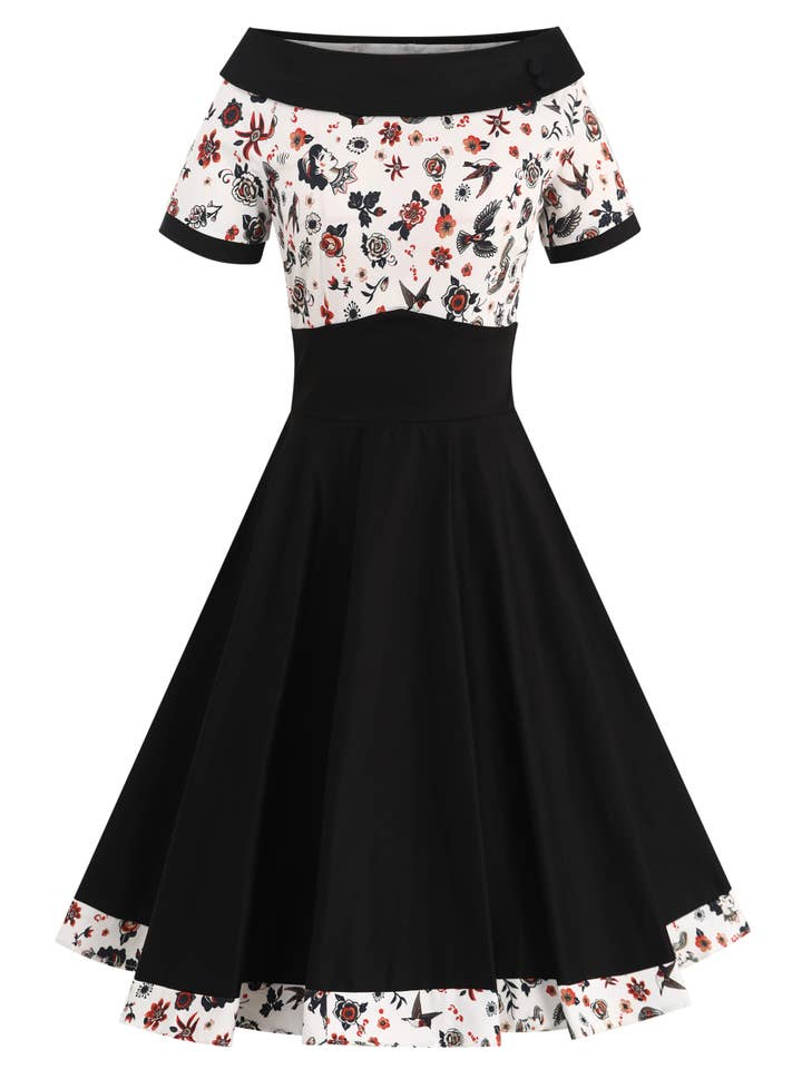 Dolly & Dotty – Großhandel Kleid – Damen – Darlene Swingkleid mit Rockabilly-Tattoo-Print, schwarz