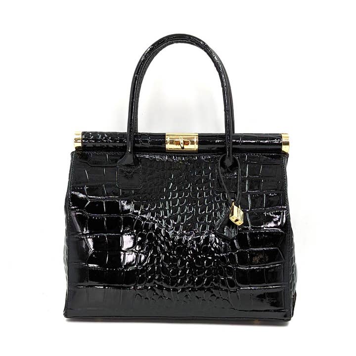 Overlegen struktureret læderpatent krokodillehåndtaske med hængelåselement for engroshandel hos Tempest Designs