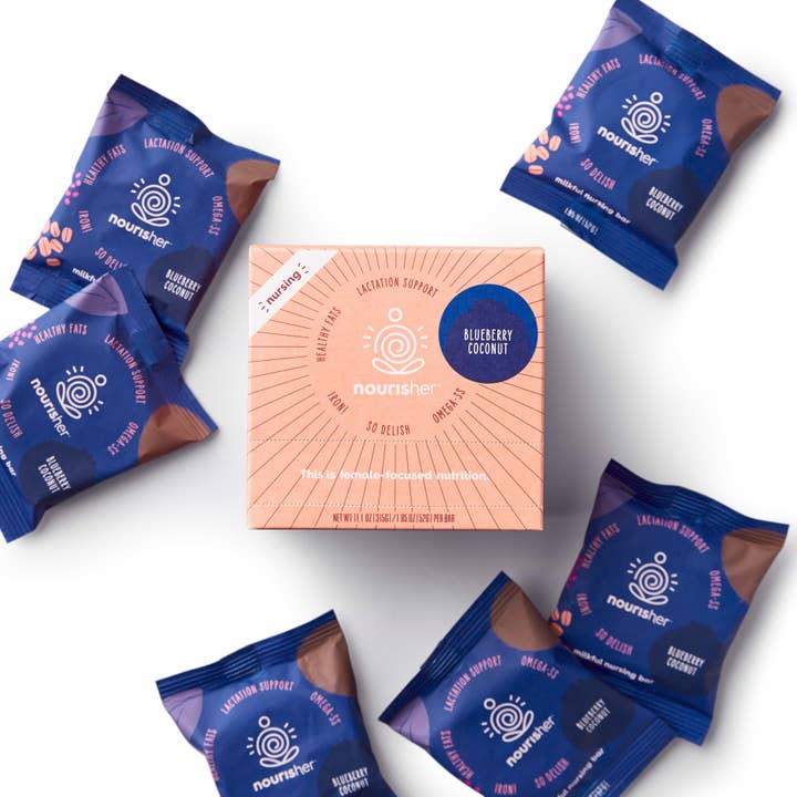 Nourisher - Vente Barres de céréales - Barres d'allaitement - Myrtille et noix de coco, paquet