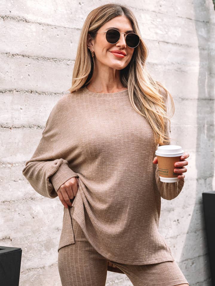 Dark Khaki Ribbed Balloon Sleeve Pullover Top and Biker Knitted Short Set for wholesale by Sweet Lover Fashion