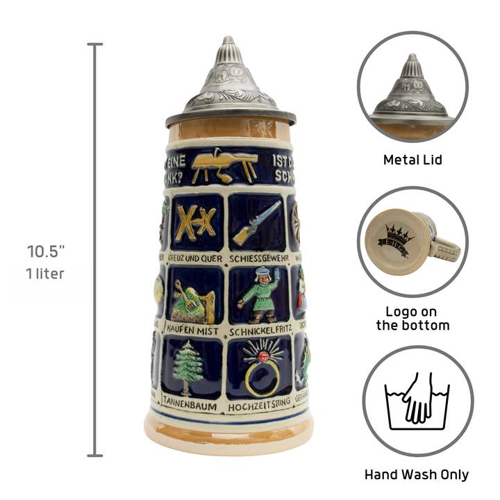 European Heritage Gifts - Wholesale Beer Glass/Mug - German Schnitzelbank Song 1L Lidded Beer Stein