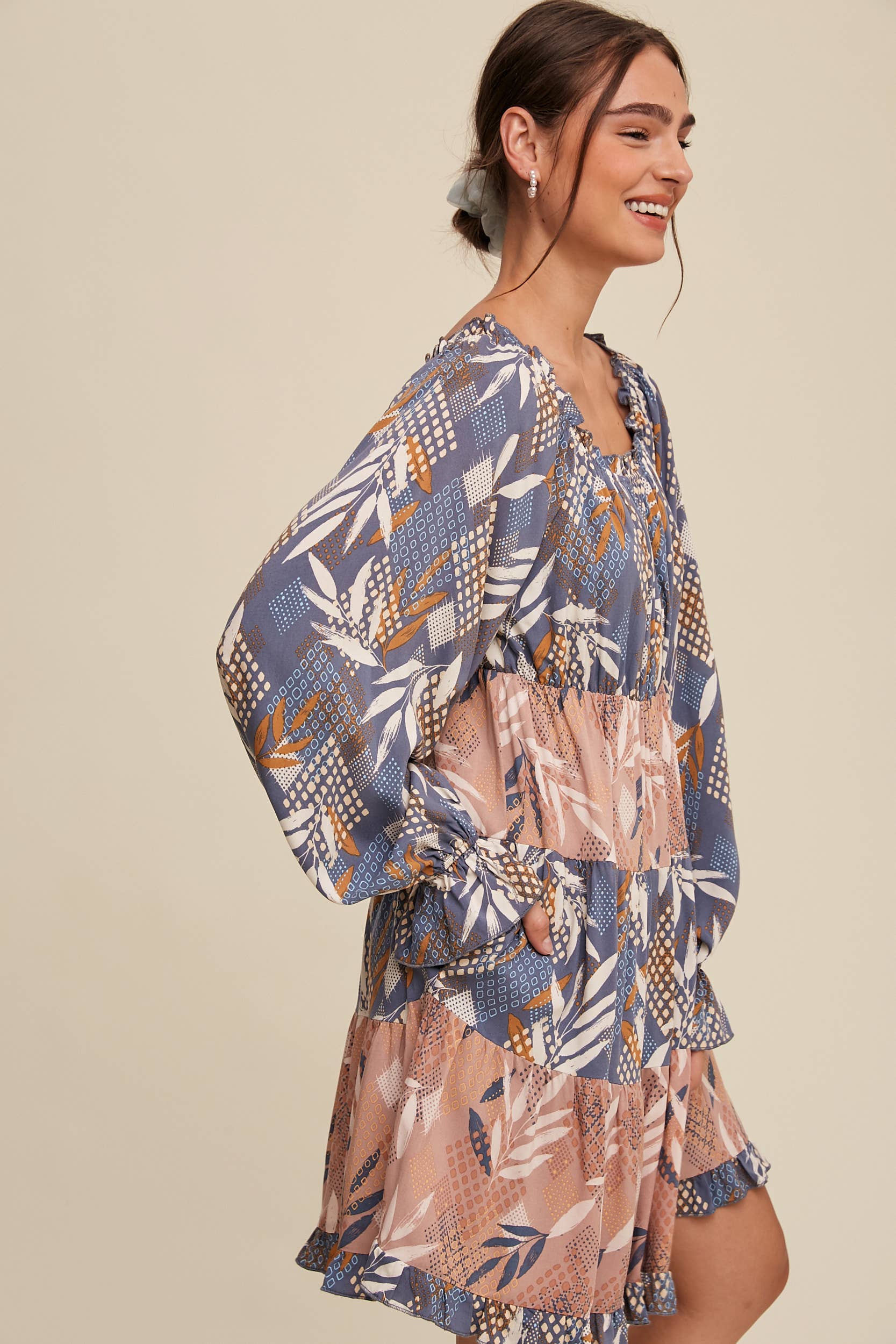 Listicle - Wholesale Dress - Women's - Patchwork Puff-Sleeve Tiered Mini Dress18