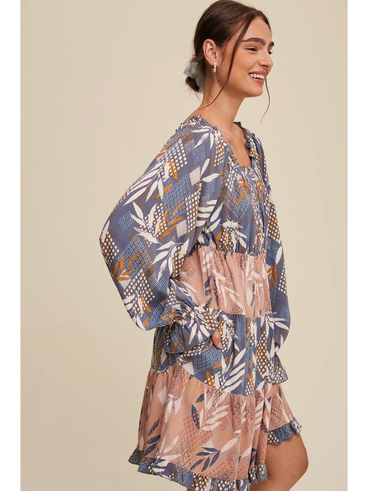 Listicle - Wholesale Dress - Women's - Patchwork Puff-Sleeve Tiered Mini Dress18