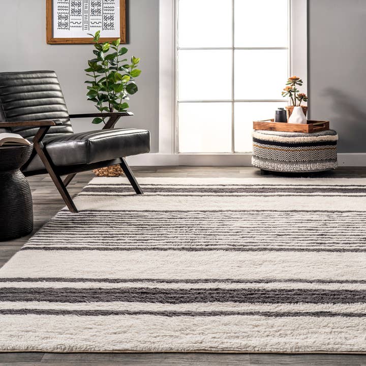 Ivory Striped Wool Machine Washable Area Rug for wholesale on Faire