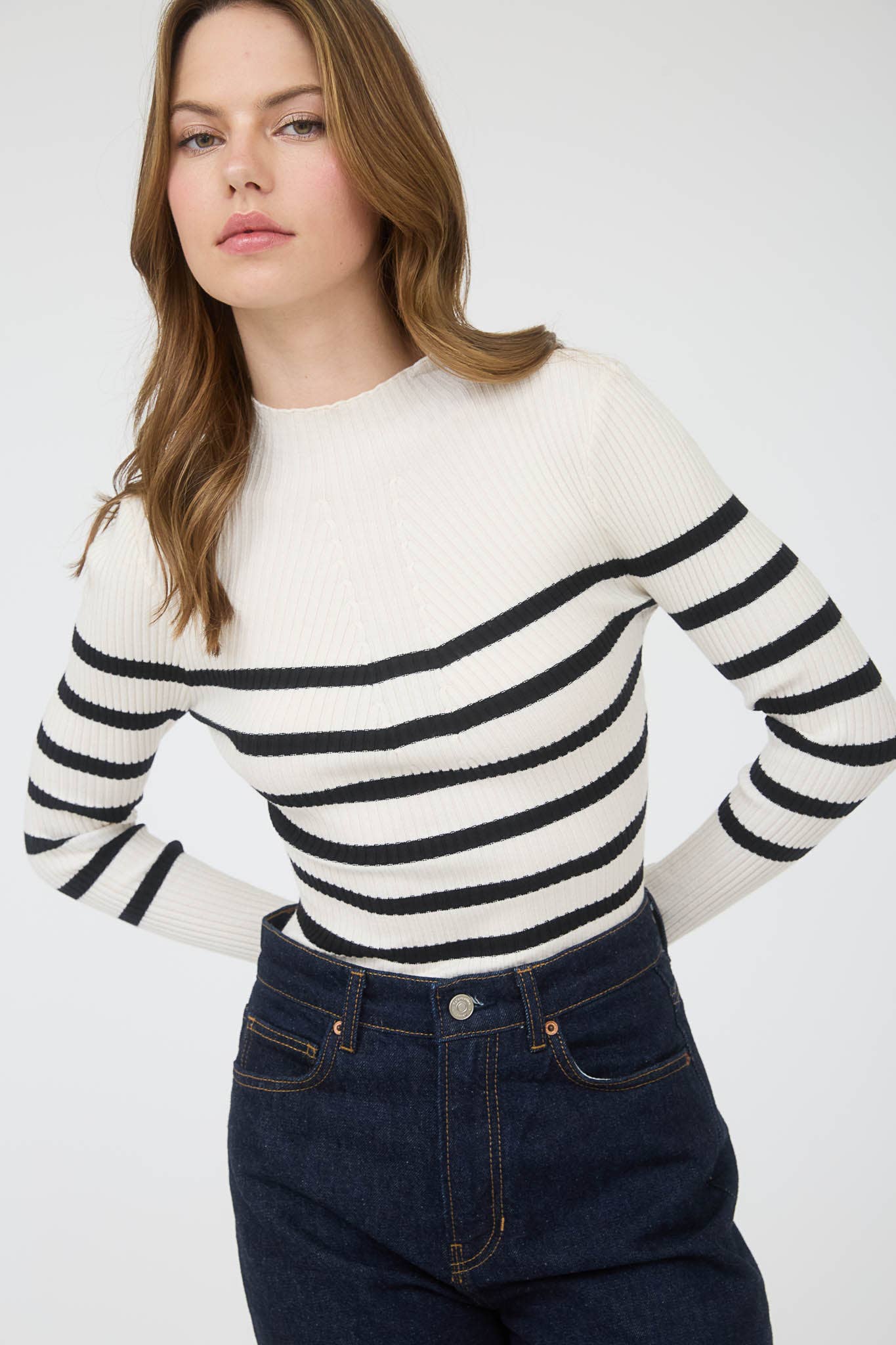 The Workshop Studio - Wholesale Knit Sweater - Women's - MOCK NECK STRIPE LONG SLEEVE SWEATER KNIT PULLOVER23