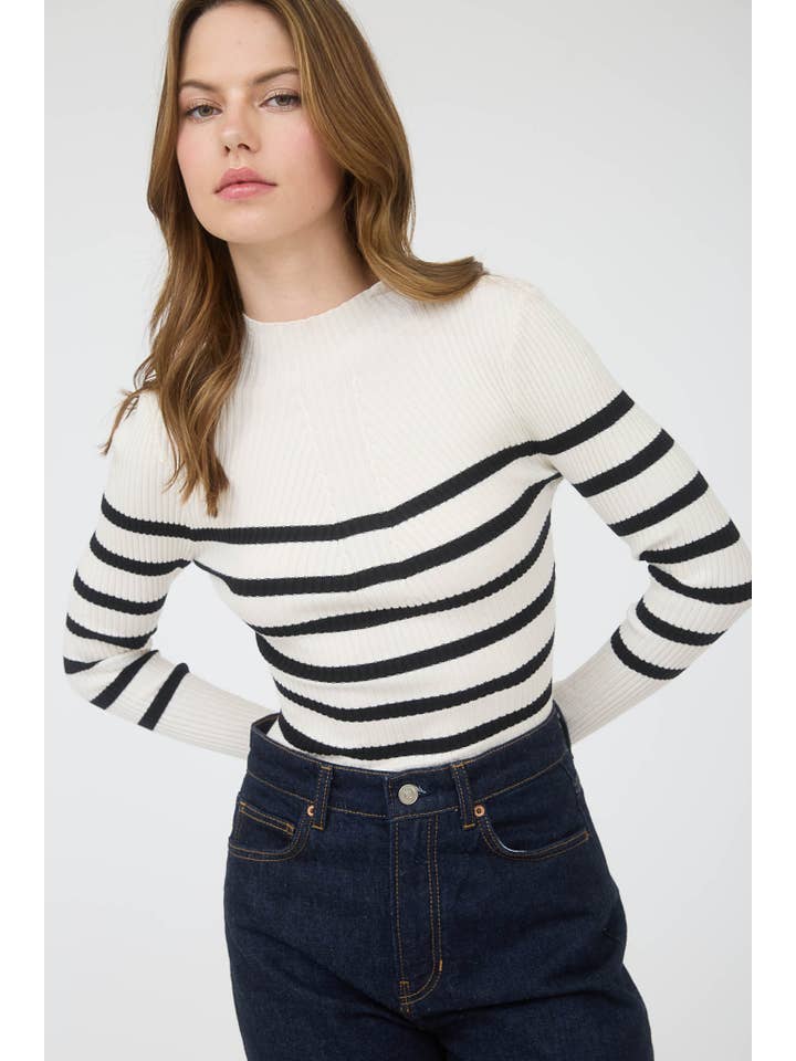 The Workshop Studio - Wholesale Knit Sweater - Women's - MOCK NECK STRIPE LONG SLEEVE SWEATER KNIT PULLOVER23