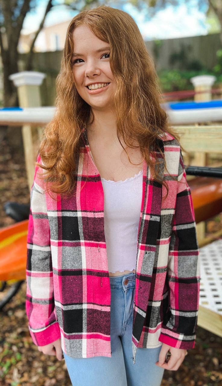 OBX Prep - Vente Veste-chemise – femme - Veste en flanelle à carreaux de marque OBX en noir et rose8