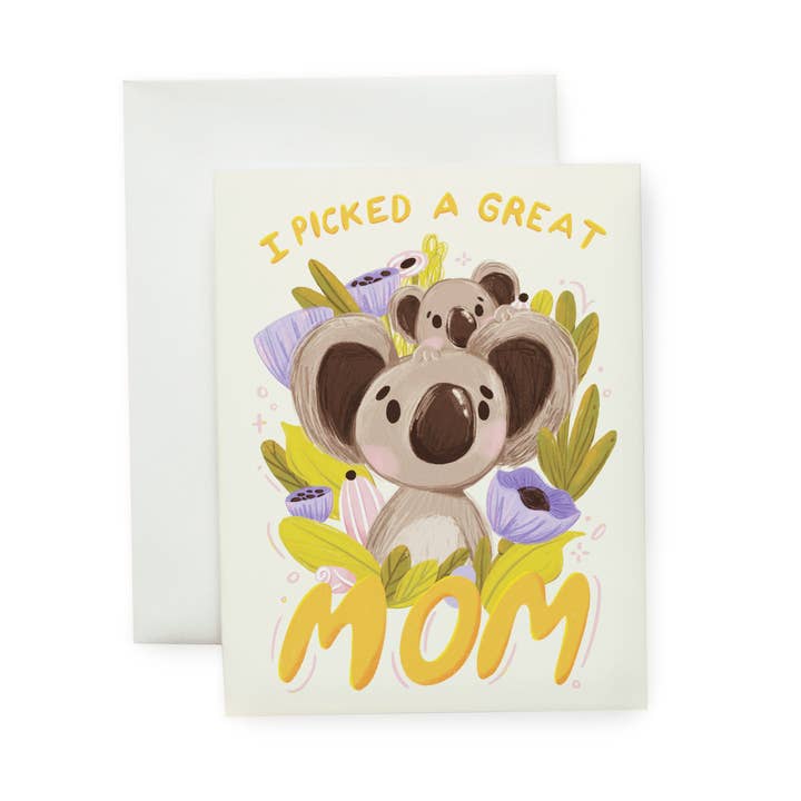 Picked a Great Mom Koalas - Illustrated Floral Mother's Day Card for wholesale by Wallflower Studio Co.