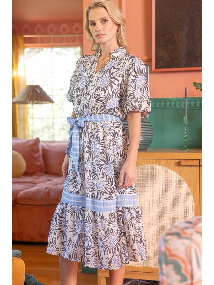 Navy 35354 Floral Print Contrast Stripe Midi Dress for wholesale on Faire