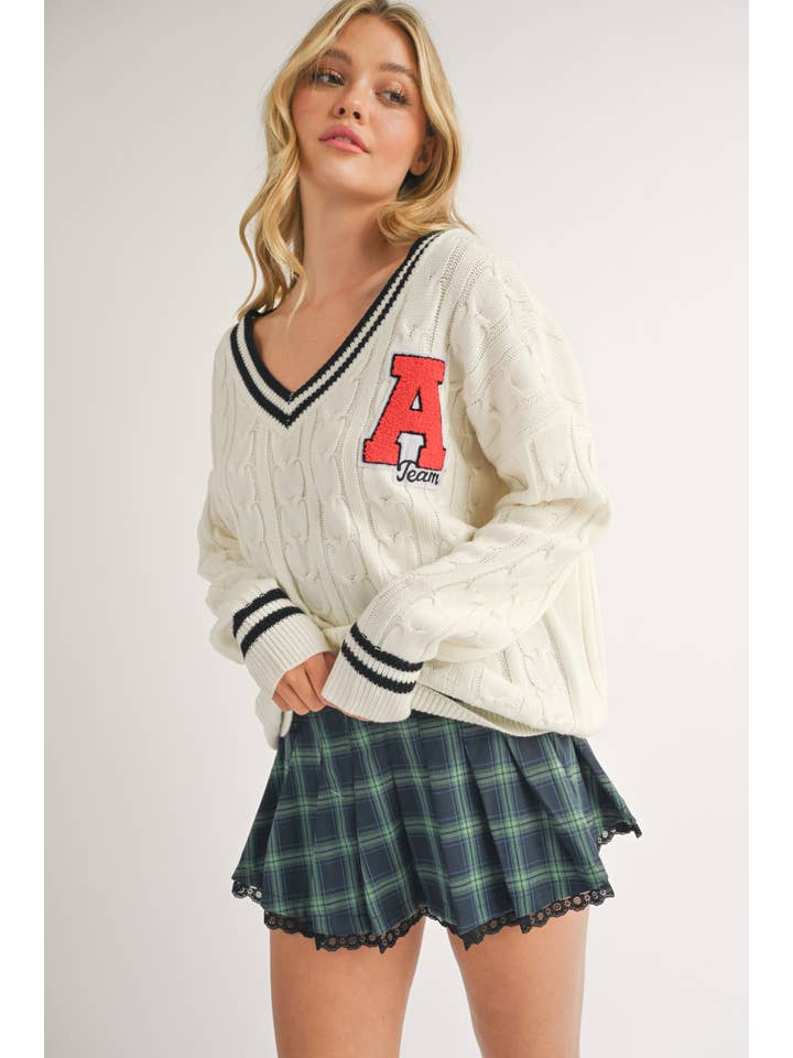 Klesis - Wholesale Knit Sweater - Women's - IT2990 VARSITY PATCH V NECK CABLE KNIT SWEATER16