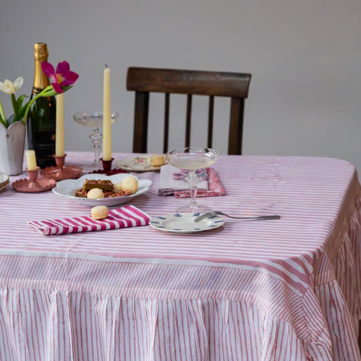 RUFFLE STRIPE BLUSH hand block printed tablecloth for wholesale by Constance & Denny