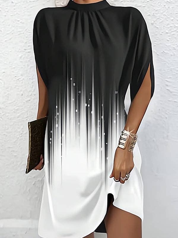 Sheer Trend - Wholesale Dress - Women's - Batwing Sleeves Loose Pleated Printed Round-Neck Mini Dresses0