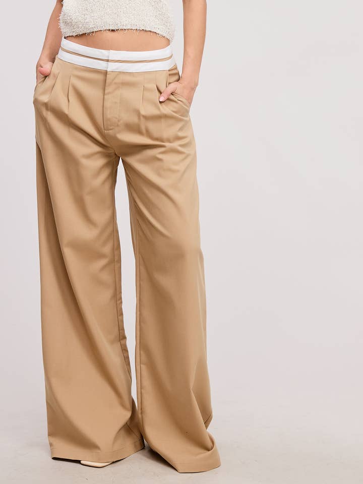 Mimosa - Wholesale Pants - Women's - Minimalistic Contrast Waistband Pleated Trouser Pants3
