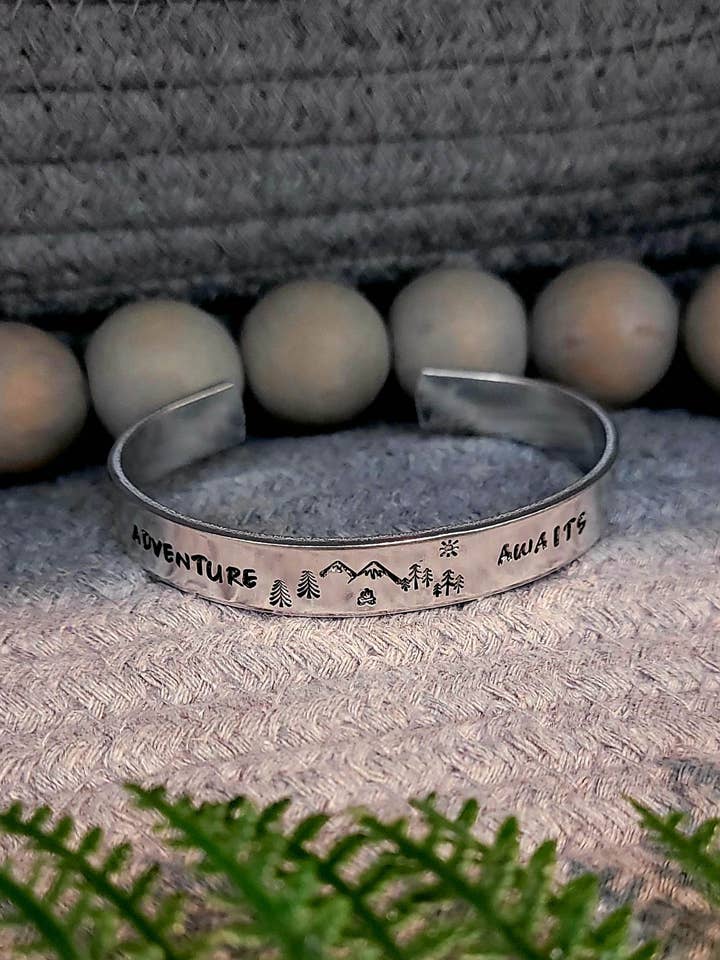 Hand stamped adventure awaits w/ mountain aluminum cuff for wholesale by Jangles by Jan