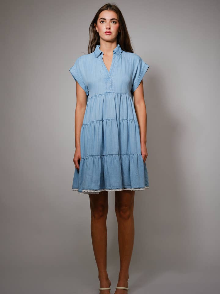 99405D - Chambray Tiered Mini Dress for wholesale by Blue B