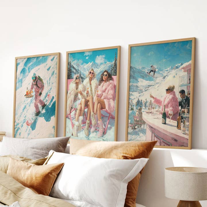 Glam Apres Ski Wall Art Set of 3. Retro Winter Prints for wholesale by PrintSets.com