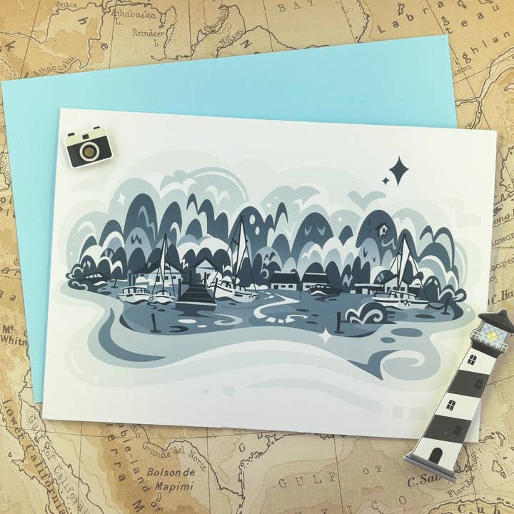 Foggy Bainbridge Island Seattle Harbor Folded Greeting Card for wholesale by illumerie