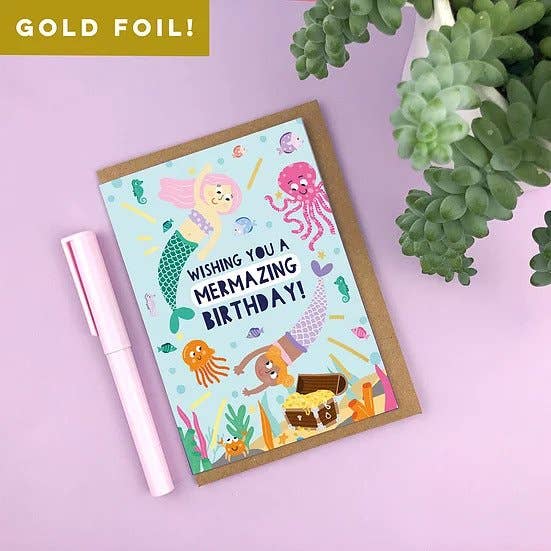 Zoe Spry – Großhandel Geburtstagskarten – Kinder-Geburtstagskarte „Mermazing Birthday“ mit Goldfolie1