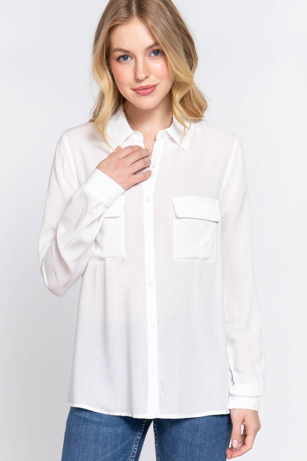 Active Basic | Active USA – wholesale Buttoned-down shirt – Women's – Long Sleeve Front Pocket Woven Shirt 5