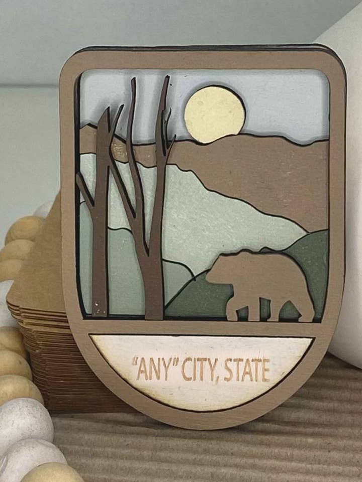 Any City, State Custom Text Bear w Mountain Wood Magnet for wholesale by Pine Designs