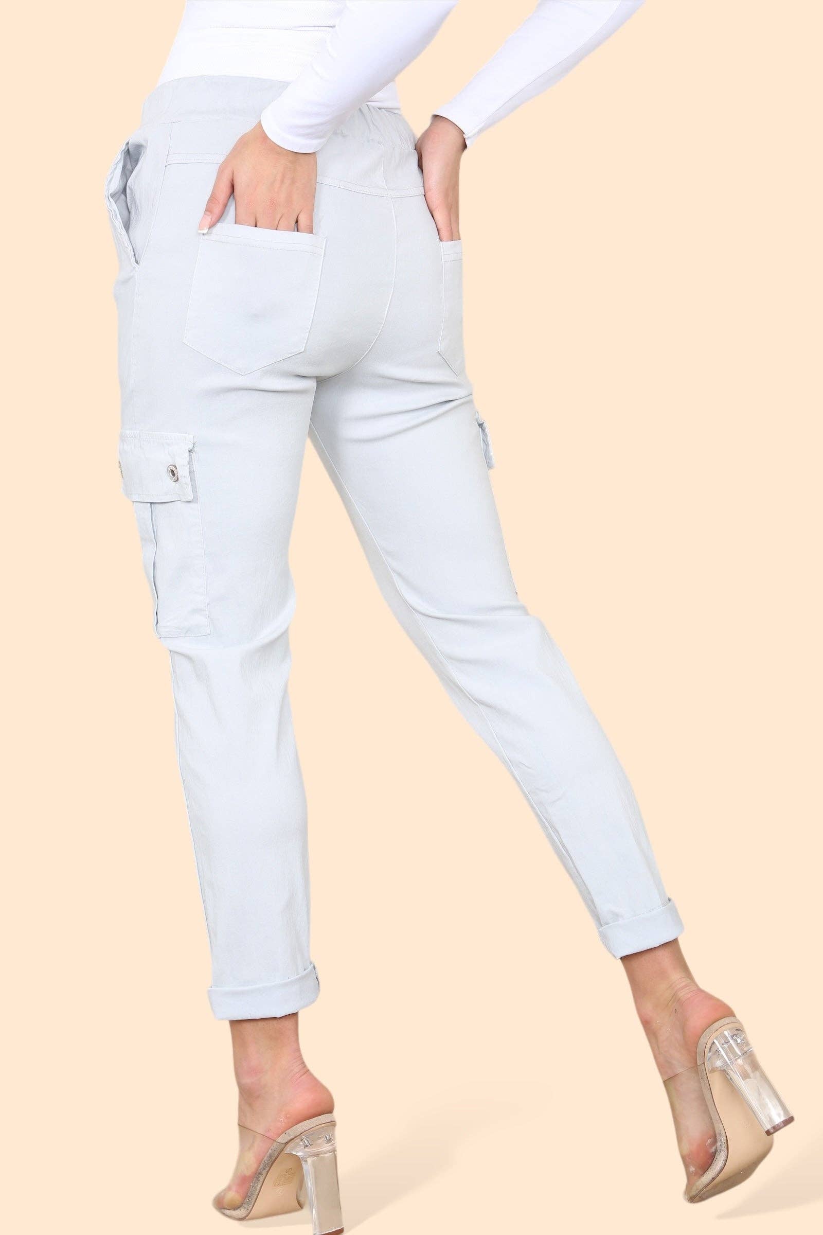 Kurt Muller – wholesale Pants – Women's – Plain Cargo Stud Pocket Bi-Stretch Magic Trousers9