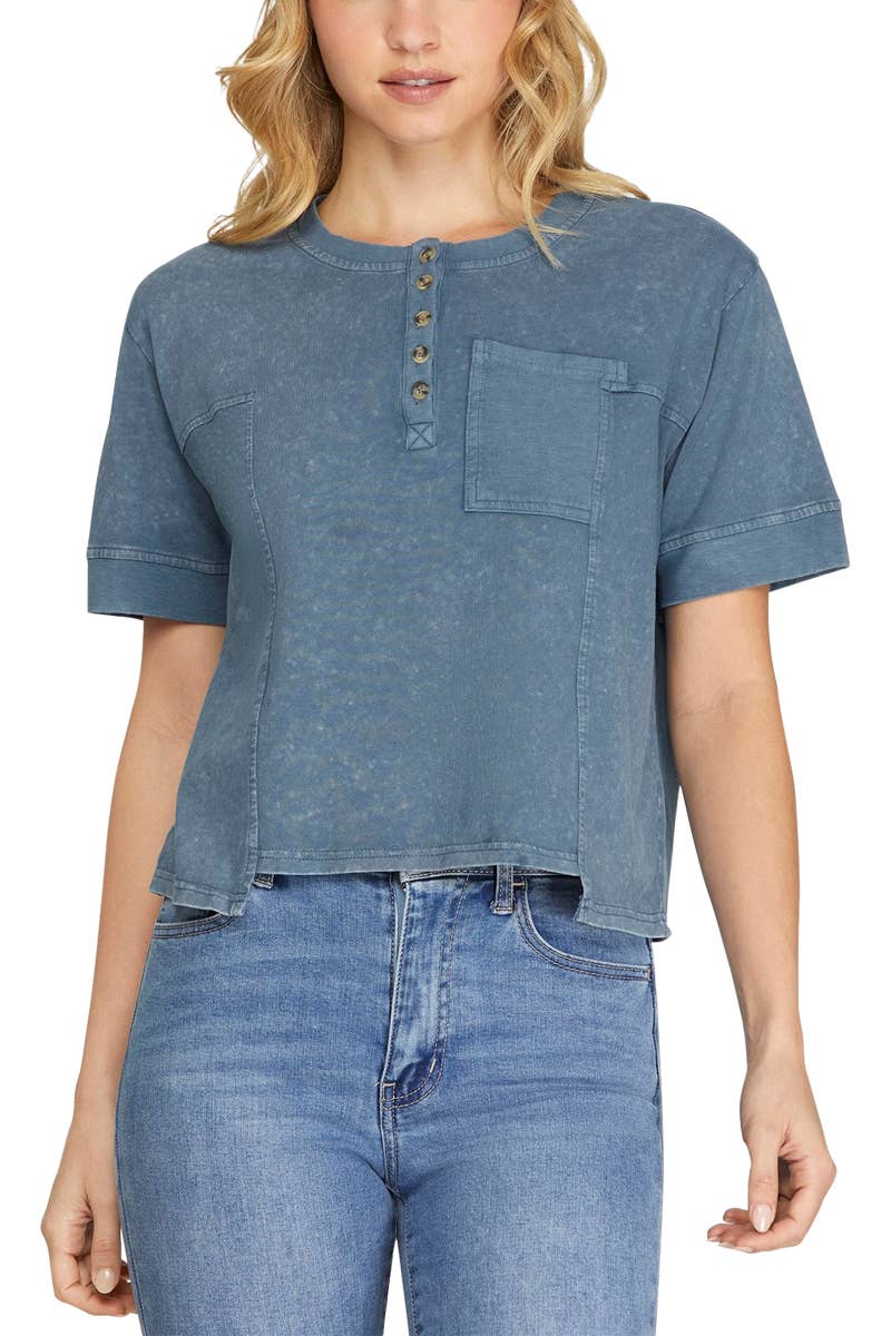 Vanilla Monkey - Wholesale Knit Top - Women's - Short Slv 1/2 Button Drop Garment Dye Knit Top0