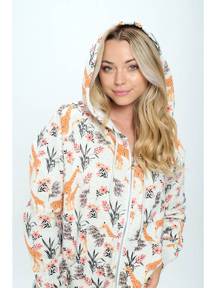 SM WARDROBE – wholesale Hoodie - Dam – GIRAFF BLOMMIG TRYCK ZIP UPP HOODIE