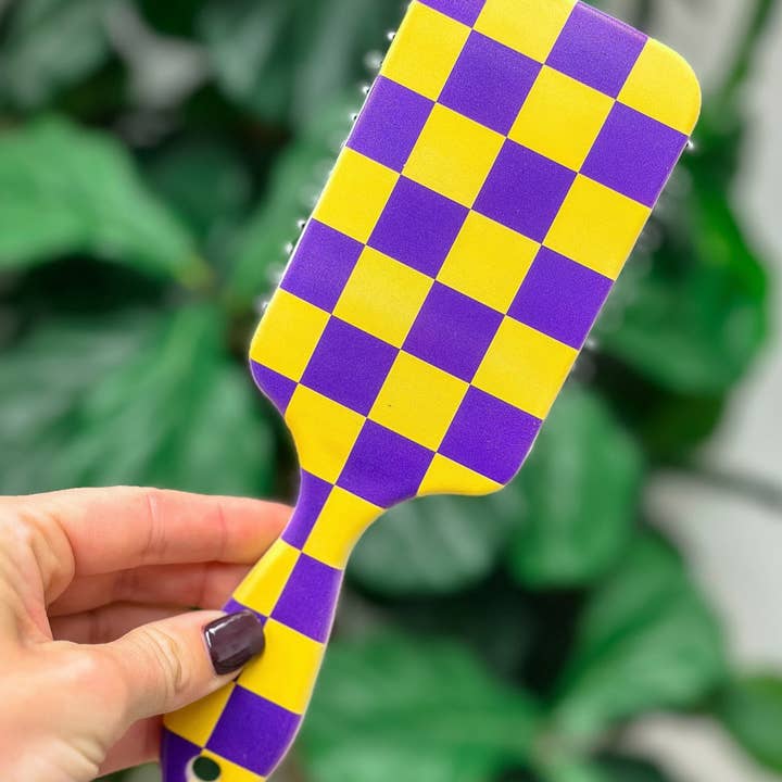 Prep Obsessed Wholesale - Wholesale Hair Brush/Comb - Game Day Checkered Hair Brush - Purple & Yellow