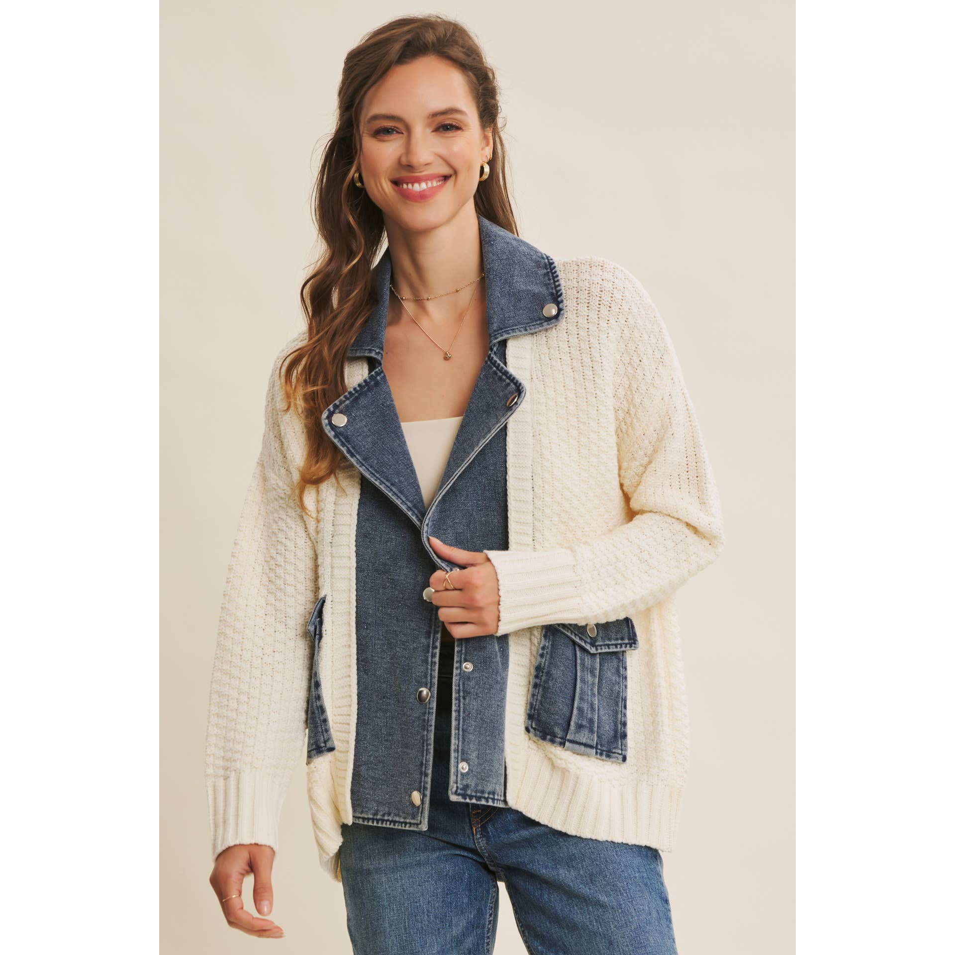 in february - Wholesale Cardigan - Women's - WASHED DENIM AND SWEATER MIXED OVERSIZED CARDIGAN16