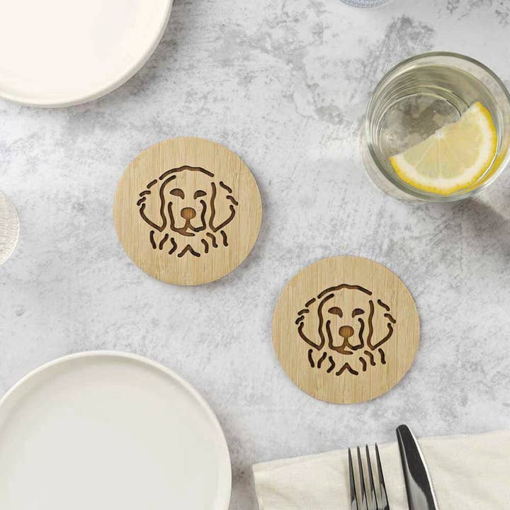Rudderr, LLC/MintBucket - Wholesale Coasters - Set of 6 Bamboo Engraved Dog Coasters w/Holder - Retriever2