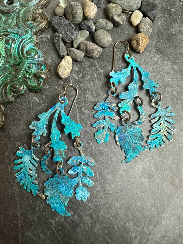 Handmade Brass Verdigris Earrings: Hammered Leaf for wholesale by The Sunstone on Main