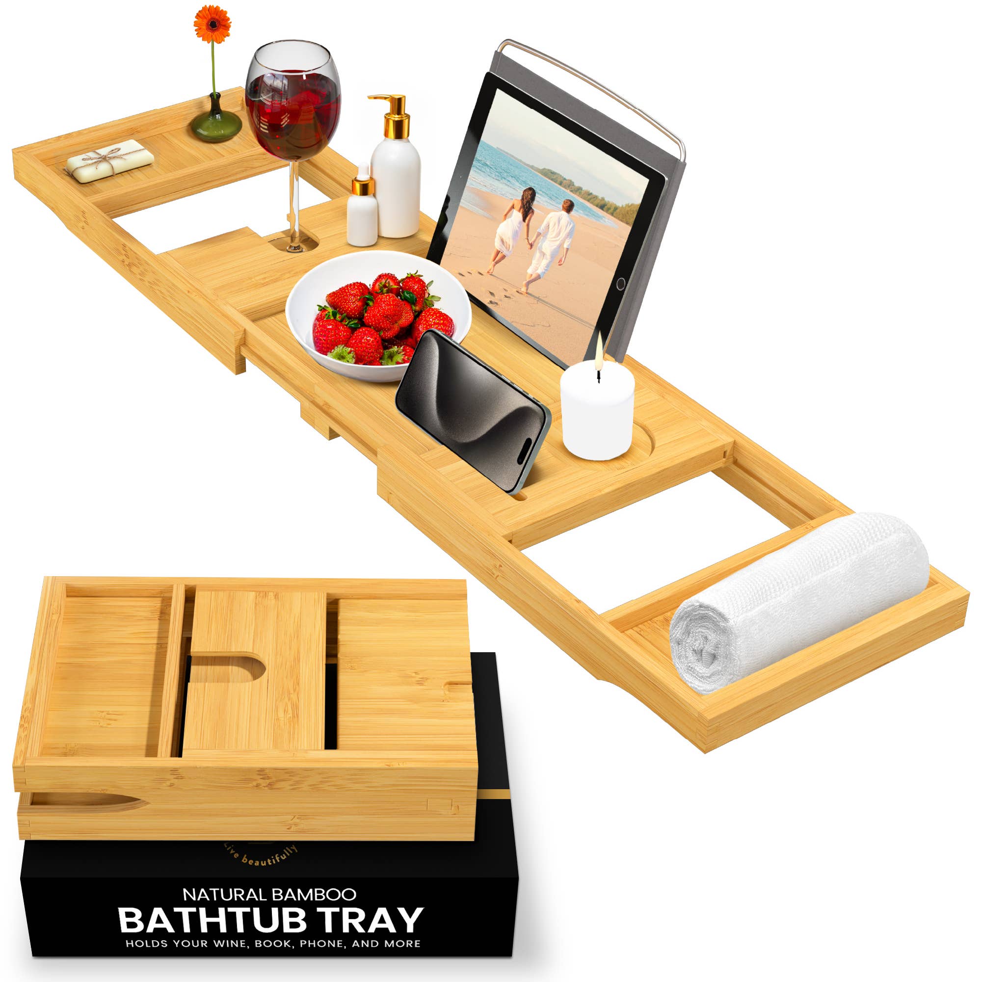 Bambusi - Wholesale Bath Caddy - Bamboo Bathtub Tray for Tub - Expandable Bath Tray for Tub4