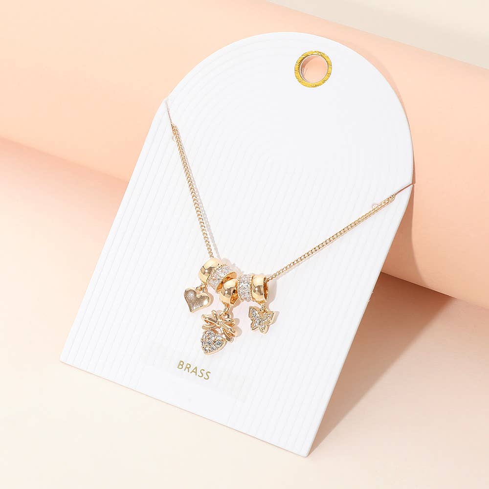 Sensibling Corp. - Wholesale Pendant/Charm Necklace - Stone Paved Heart Butterfly Bow Charm Beaded Necklace0