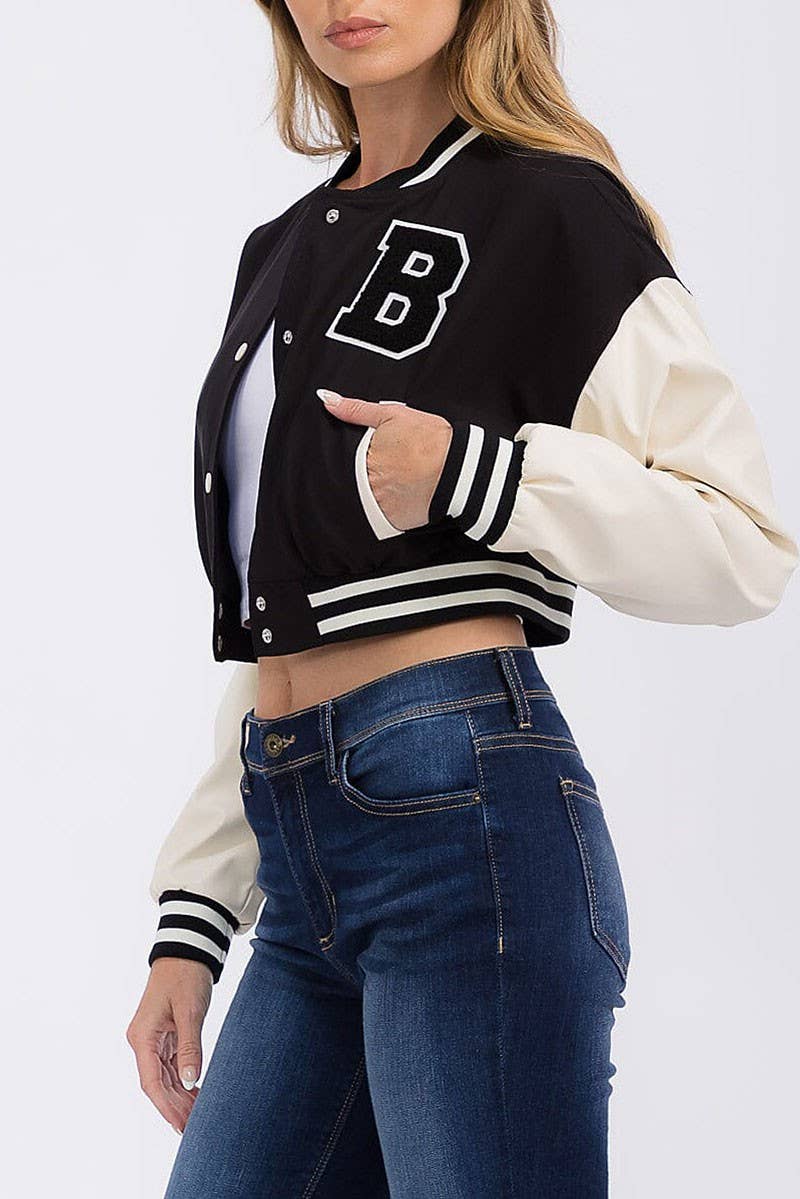 ROUSSEAU - Wholesale Varsity/Baseball Jacket - Women's - PLEATHER SLEEVE BUTTON CLOSURE VARSITY JACKET8