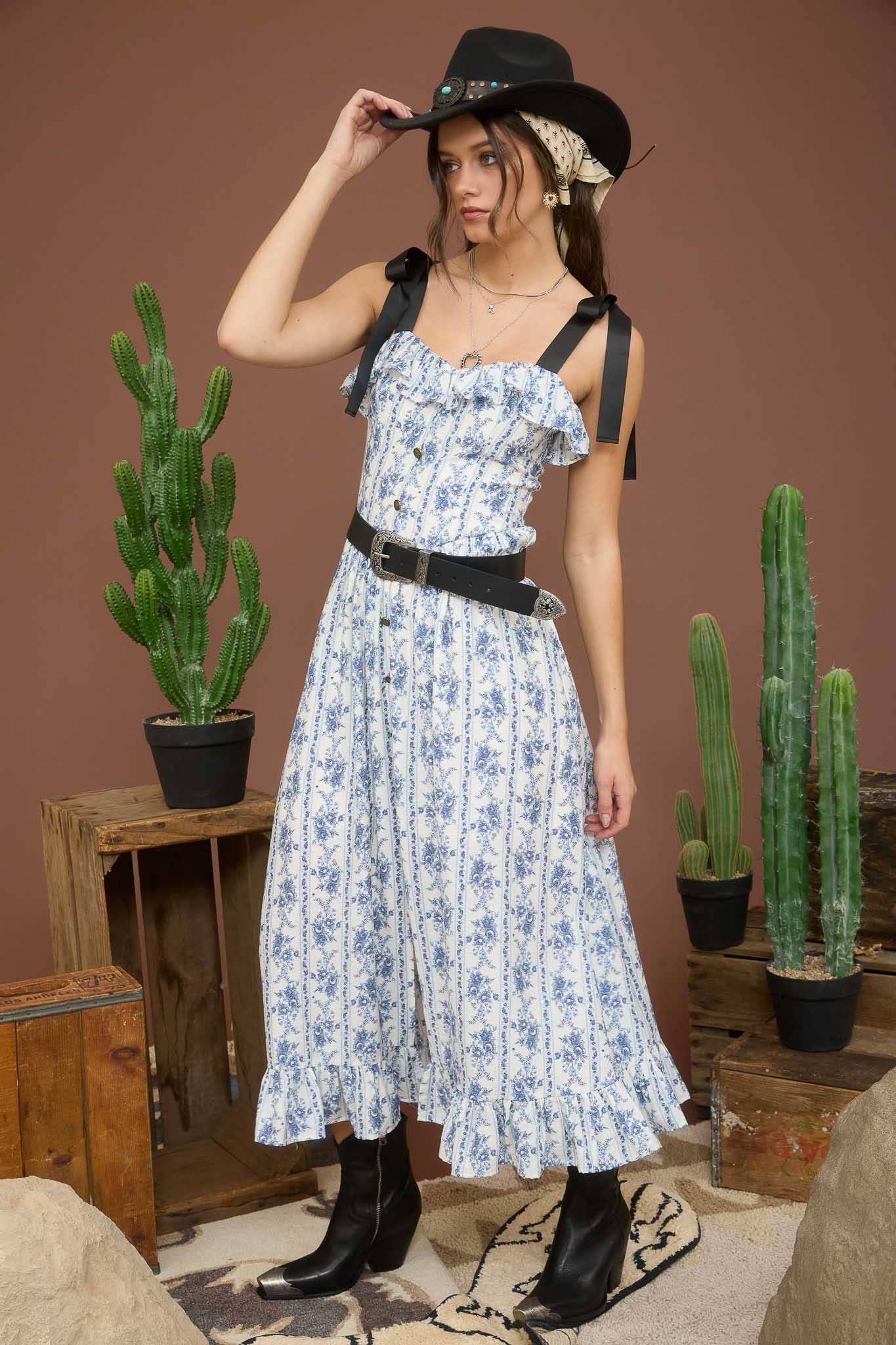 Blu Pepper - Wholesale Dress - Women's - STRIPE FLORAL RUFFLE DETAIL BUTTON DOWN MIDI DRESS5