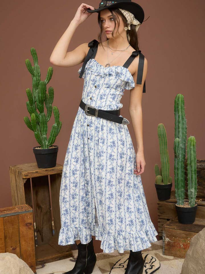 Blu Pepper - Wholesale Dress - Women's - STRIPE FLORAL RUFFLE DETAIL BUTTON DOWN MIDI DRESS5