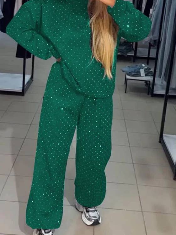 Rosa Clothing - Wholesale Top & Pant Set (NOT Loungewear) - Women's - Allover Rhinestone sweatshirt wide leg Leisure set4