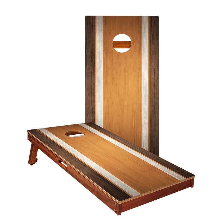 Classic Stripes Dark Wood Orange Silver Series Cornhole Boards for wholesale by American Cornhole Association