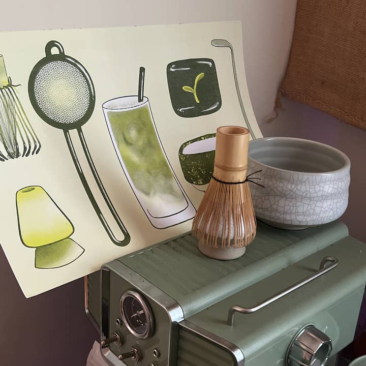 Making a Matcha Latte Risograph print for wholesale by Punch Kiss Press