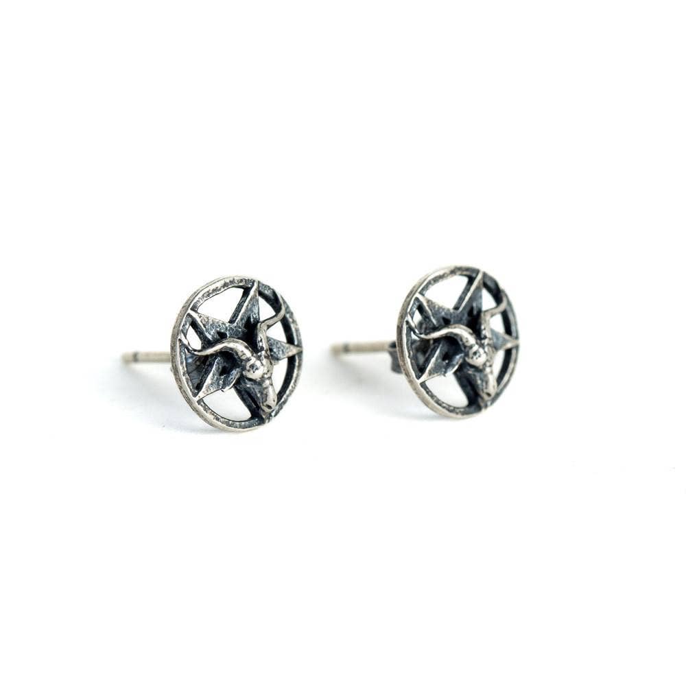 Mio Queena - Wholesale Stud/Post Earrings - 925 Sterling Silver Vintage Pentagram Goat Head Ear Studs1
