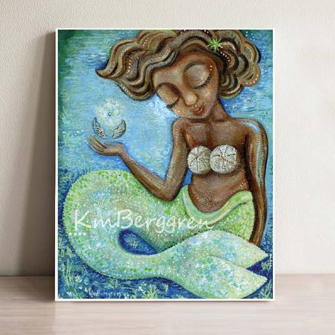 Tucked Within - Black Woman Mermaid Art Print for wholesale by Katie m. Berggren art & design, LLC