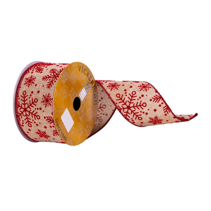 Vickerman 2.5" x 10 Yards Cream and Red Snowflake Ribbon for wholesale by Vickerman