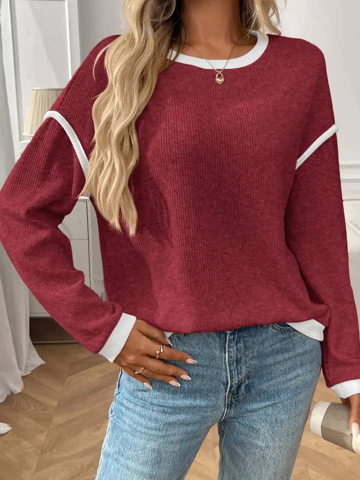 Burgundy Relaxed Fit Crewneck Knit Pullover for Casual Days for wholesale on Faire2