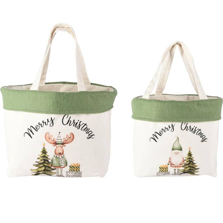 Sæt med 2 poser m/julemand/rensdyr, hvid/grøn, stof, 30x15x38cm for engroshandel hos Dekoratief
