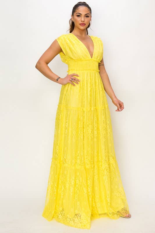 Miss Avenue - Vente Robe – femme - Robe longue volantée à col en V et à manches courtes en dentelle DM31077