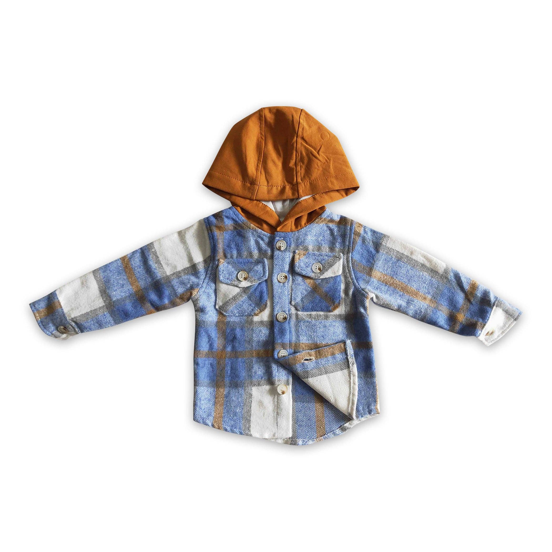 Yawoo Garments - Vente Sweat à capuche – enfant - Sweat à capuche boutonné en flanelle épaisse pour garçon, chemise bleue en coton à carreaux3